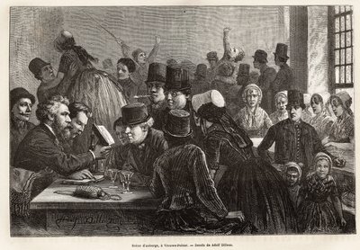Escena de posada, en Vrouwe-Polder (Vrouwe Polder), grabado según el dibujo de Adolf Dillens, ilustrando un viaje a Zelanda (Países Bajos), en 1873, por Charles de Coster, publicado en "Le tour du monde" 1874, editado por Edouard Charton, edición Hache de Adolf Alexander Dillens