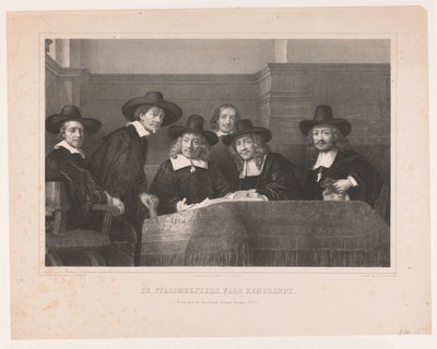 De Staalmeesters: el colegio de maestros de la muestra (waardijns) del gremio de fabricantes de telas de Ámsterdam De Staalmeesters, after Rembrandt / Premium plate der Kunstkronijk, Sixteenth Volume (1854) (título sobre el objeto) de Adolf Carel Nunnink