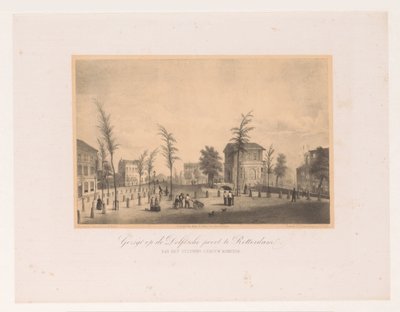 Vista del Delftse Poort en Rotterdam Vista de la puerta de Delftsche en Rotterdam / desde el edificio de la estación (título sobre el objeto) La Sociedad para la Promoción de Toonkunst, su Festival de Música y la ciudad de Rotterdam. recuerdo del año 1854  de Adolf Carel Nunnink