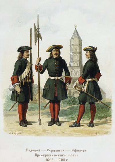 Uniformes de gala del Regimiento Preobrazhensky en 1695-1700, 1901-1904 de Adolf Charlemagne
