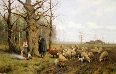 Niños con pastor y ovejas en un paisaje (óleo sobre lienzo) de Adolf Ernst Meissner
