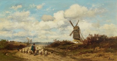 Paisaje con molino de viento y pastores de ovejas de Adolf Heinrich Lier