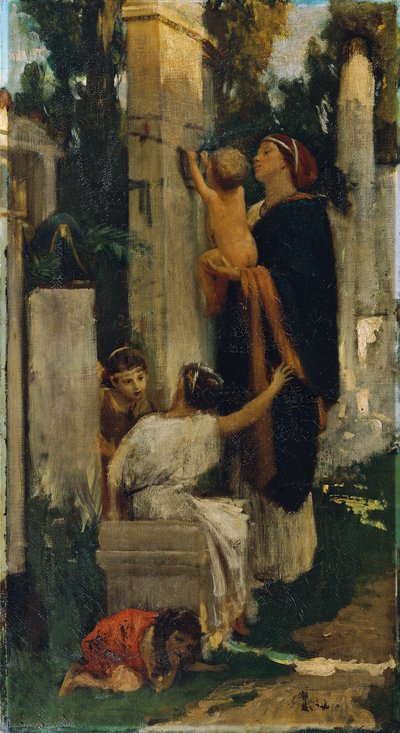 Escena de cementerio antiguo (mujer con niños decorando una tumba) de Adolf Hiremy Hirschl