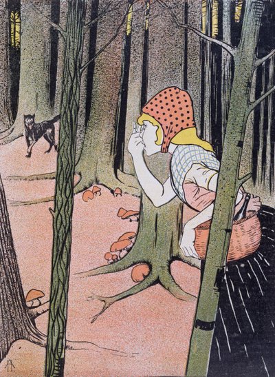 Caperucita Roja ve al Lobo en el Bosque, ilustración de Jugend publicada en Múnich 1896 de Adolf Hofer