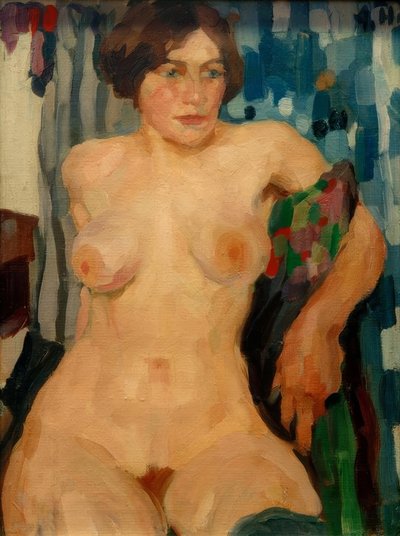 Desnudo sentado frente a una cortina de Adolf Hofer