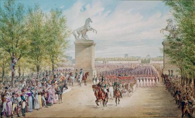 El zar Alejandro I sube por los Campos Elíseos con su ejército en París en 1814 de Adolf Jossifowitsch Charlemagne
