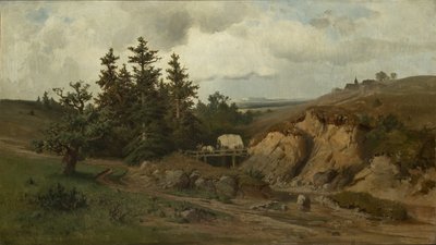 Paysage avec un pont de bois - Paisaje con un puente de madera - Adolf Kosarek (1830-1859). Óleo sobre lienzo de Adolf Kosárek