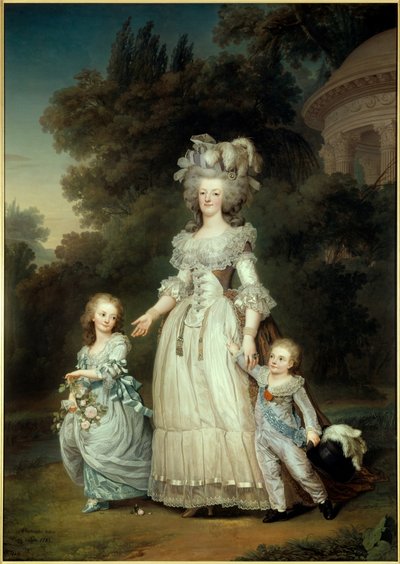 Retrato de cuerpo entero de la Reina de Francia María Antonieta con María Teresa o Madame Royale y el primer Delfín Luis José Javier Francisco o Luis de Francia paseando por los jardines del Trianón de Adolf Ulrich Wertmuller