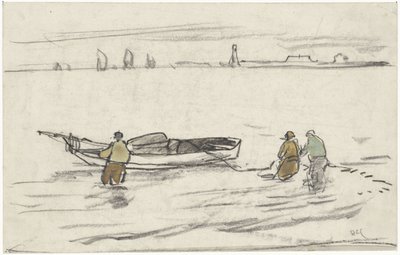 Tres hombres de pie en el agua arrastran un velero a la orilla de Adolf le Comte