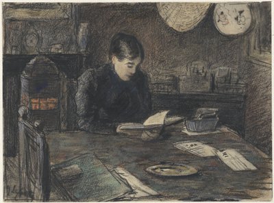 Mujer leyendo en una mesa de Adolf le Comte