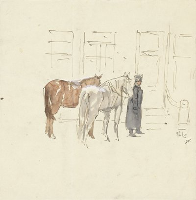 Hombre con dos caballos delante de un edificio de Adolf le Comte