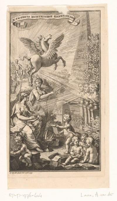 Representación alegórica con la mujer que escribe, los bustos, Pegaso y Apolo
Título de la página para: Cornelis Sweerts, Alusiones poéticas, 1736 de Adolf van der Laan