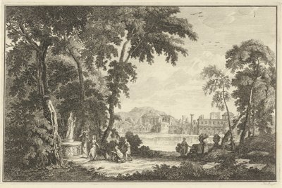Paisaje del río Arcadian con figuras adorando una estatua Paisajes italianos y alemanes (título de la serie) de Adolf van der Laan