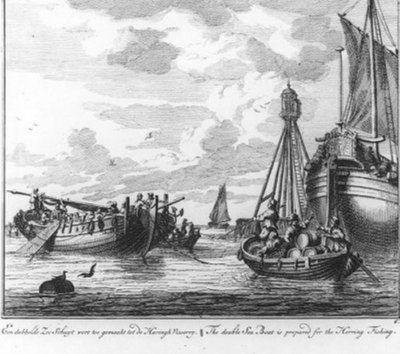 «Una embarcación marítima doble se acondiciona para la pesca del arenque» (n.º 6 de la serie Pesca del arenque) de Adolf van der Laan