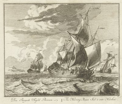 El tubo de arenque navega hacia casa, hacia 1725 Den Buysch Seyld Binnen / The Herring Busse Sail