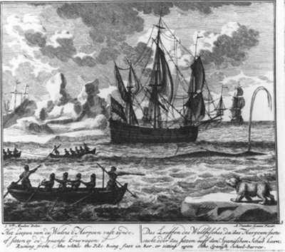 «La carrera de la ballena cuando el arpón está bien sujeto, o sentarse en la carretilla española». (n.º 3 de la serie sobre la caza de ballenas) de Adolf van der Laan