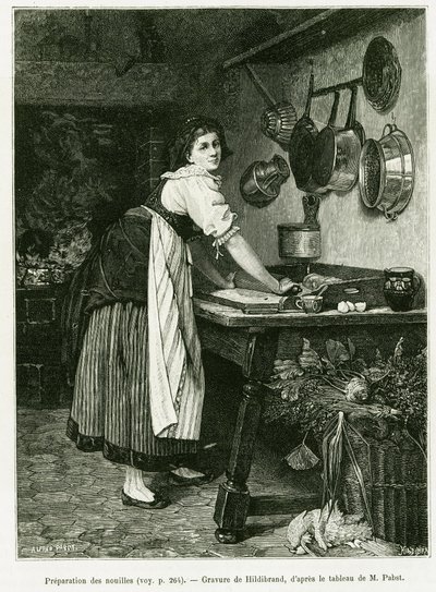 Preparación de fideos. Grabado por Hildibrand, para ilustrar la historia A través de Alsacia y Lorena, en 1887, por Charles Grad, diputado alemán, en le tour du monde 1888, dirigido por Edouard Charton (1807-1890), Hachette, París. de Adolf von Hildebrand
