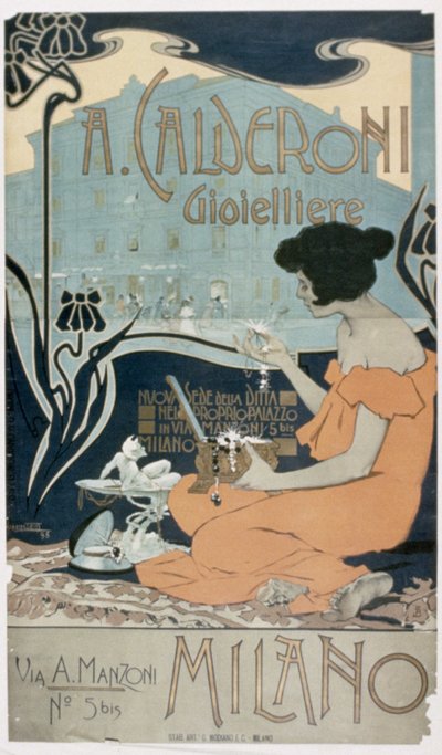 Anuncio de "A. Calderoni, Joyero, Milán". de Adolfo Hohenstein