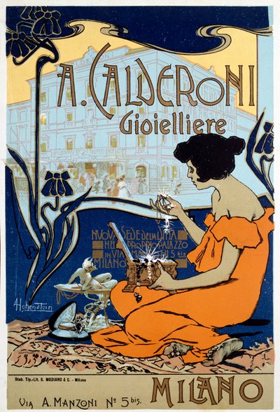 Cartel publicitario para el joyero Calderoni en Milán, c.1920 de Adolfo Hohenstein
