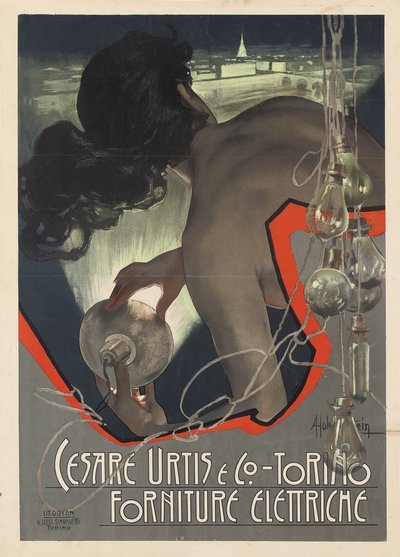 Cartel publicitario producido para la empresa italiana de suministro de iluminación Cesare Urtis & Co. de Turín de Adolfo Hohenstein