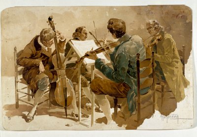 Cuatro músicos Tres violinistas y un violonchelista. Cartel de Adolfo Hohenstein (1854-1928) Dim. 293x454 cm Colección privada de Adolfo Hohenstein