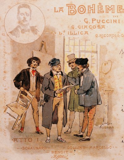 Tarjeta postal de Adolf Hohenstein (1854-1928) para la primera representación de La Boheme de Adolfo Hohenstein
