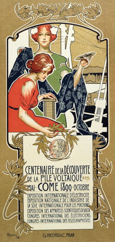 Póster anunciando el Centenario del Descubrimiento de la Pila Voltaica, 1899 de Adolfo Hohenstein