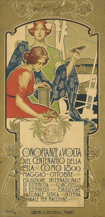 Póster publicitario de la exposición de productos eléctricos en honor al 100 aniversario del nacimiento de Alessandro Volta de Adolfo Hohenstein