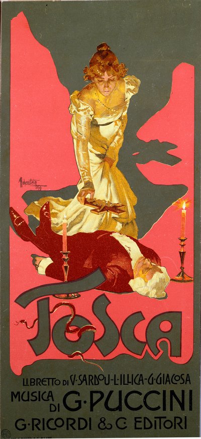 Cartel en estilo Liberty para la ópera “La Tosca” de Giacomo Puccini (1858-1924) 1906. Ilustración de Adolfo Hohenstein (1854-1928) de Adolfo Hohenstein