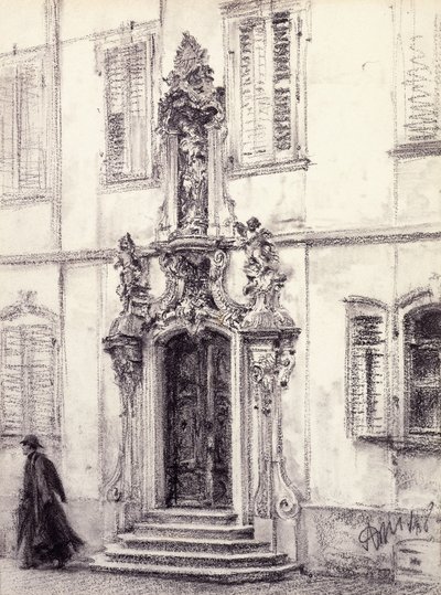 Un hombre descendiendo la escalera de un edificio decorado con un portal barroco, 1884 de Adolph Menzel