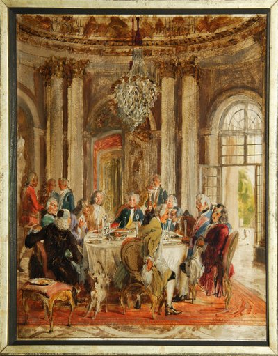La Mesa Redonda de Federico II de Prusia (1712-1786) con Voltaire (Francois-Marie (Francois Marie) Arouet de Voltaire (1694-1778) y Christoph Ludwig von Stille (1696-1752) en el Palacio Sanssouci - Boceto de Adolph Friedrich von Menzel (1815-1905), óleo de Adolph Menzel