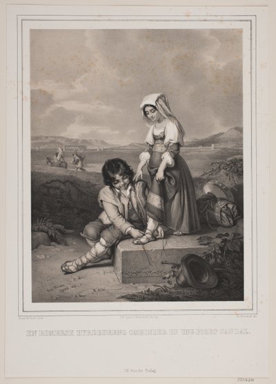 Un pastor romano atando la sandalia de una joven de Johan Adolph Kittendorff