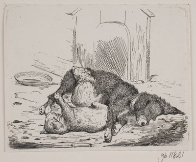 Perro encadenado con cachorro de Johan Adolph Kittendorff