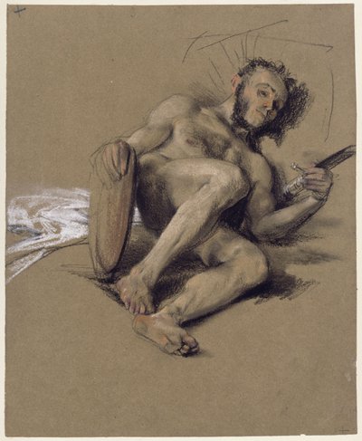 Estudio de desnudo: hombre barbudo recostado en el suelo, a la izquierda, con espada y escudo en las manos; estudio para el discurso con motivo de la mayoría de edad del príncipe heredero en 1850 de Adolph Menzel