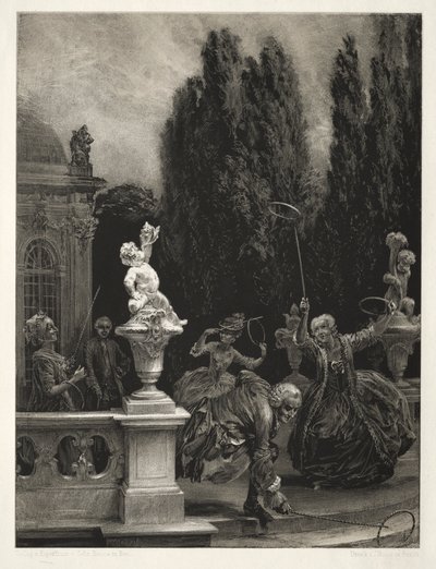 Ensayo sobre piedra con pincel y raspador: Jugando a los aros en la terraza del castillo, 1851 de Adolph Menzel