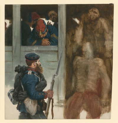 Convoy francés de prisioneros en vagones de tren, con un soldado de infantería prusiano al frente; escena de la guerra de 1870 de Adolph Menzel