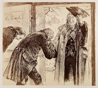 El juez Walter entra por la puerta desde la derecha, levantándose amablemente el sombrero; Adam y Licht le dan la bienvenida con sumisión, en la obra de Heinrich von Kleist «La jarra rota». de Adolph Menzel