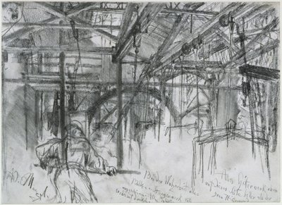 Nave de la planta de laminación de Königshütte. Estudio sobre «La planta de laminación de hierro. Ciclopes modernos» de Adolph Menzel