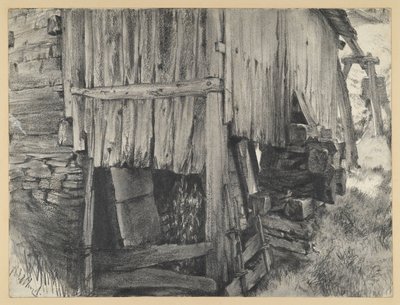 Cobertizo de madera alrededor de una rueda de molino de Adolph Menzel