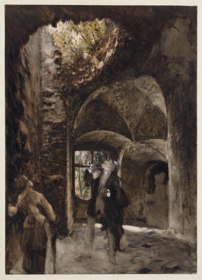 En las ruinas, un señor y una señora están de pie en un rellano de la escalera y miran hacia arriba, hacia un gran agujero en la bóveda. de Adolph Menzel