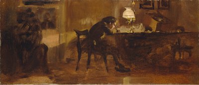 Un niño sentado en su escritorio de Adolph Menzel