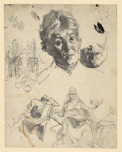 Cabeza de una mujer mayor, con repetición de la zona de la barbilla; boceto arquitectónico; boceto figurativo para una alegoría de Adolph Menzel