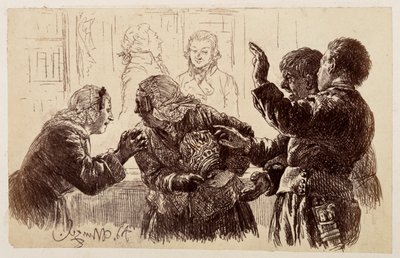 Marthe, con los fragmentos de la jarra en los brazos, se encuentra entre Veit y Ruprecht, mientras que Eve suplica a su madre que desista de su queja, de la obra de Heinrich von Kleist «La jarra rota». de Adolph Menzel