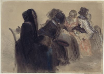 Velada musical: seis mujeres sentadas en sillas, dispuestas en una fila que se adentra hacia la derecha, algunas de ellas conversando. de Adolph Menzel