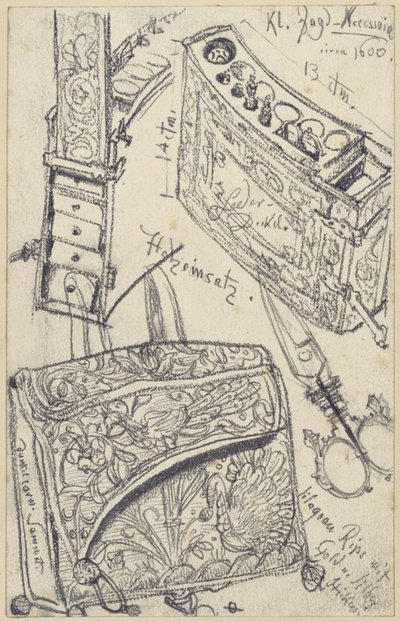 Bolsa de cartuchos con botiquín de viaje perteneciente a la silla de caza del príncipe elector Juan Jorge I de Sajonia, del año 1618, Museo Histórico, Dresde de Adolph Menzel