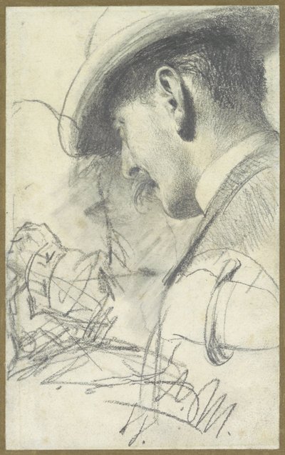 Hoja de croquis que muestra a un caballero con toggles y sombrero, visto oblicuamente desde atrás, junto con algunos detalles de Adolph Menzel