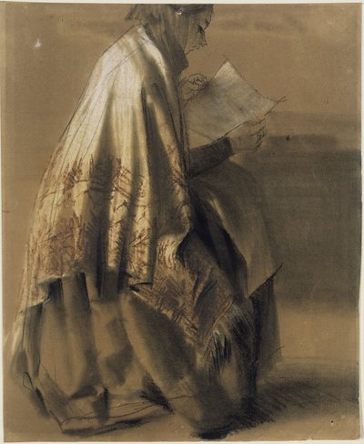 Mujer sentada, leyendo, con un amplio pañuelo envuelto alrededor del cuello de Adolph Menzel