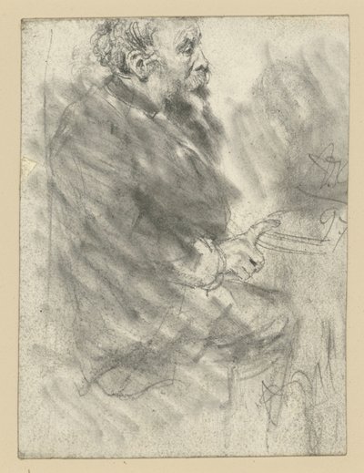 Hombre barbudo sentado, mirando hacia la derecha, con el dedo índice de la mano derecha extendido y apoyado sobre la mesa de Adolph Menzel