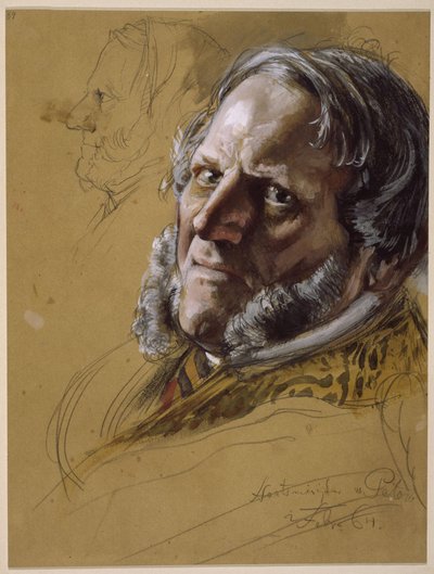 El ministro de Estado von Patow, retrato de busto, de tres cuartos de frente, a la izquierda: cabeza de perfil hacia la izquierda, estudio para el retrato de «La coronación de Guillermo I en Königsberg» de Adolph Menzel