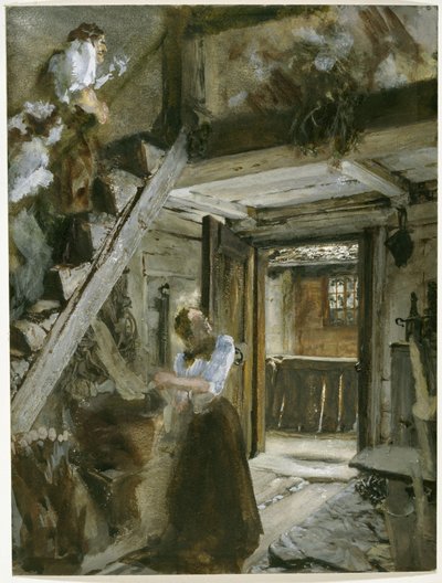 Escalera en una casa de campo con decoración figurativa de Adolph Menzel